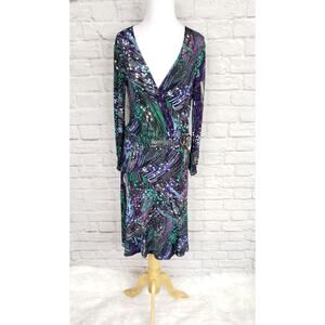 Cache Purple Green Print Long Sleeve Faux Wrap Dress Cocktail Party Sz S